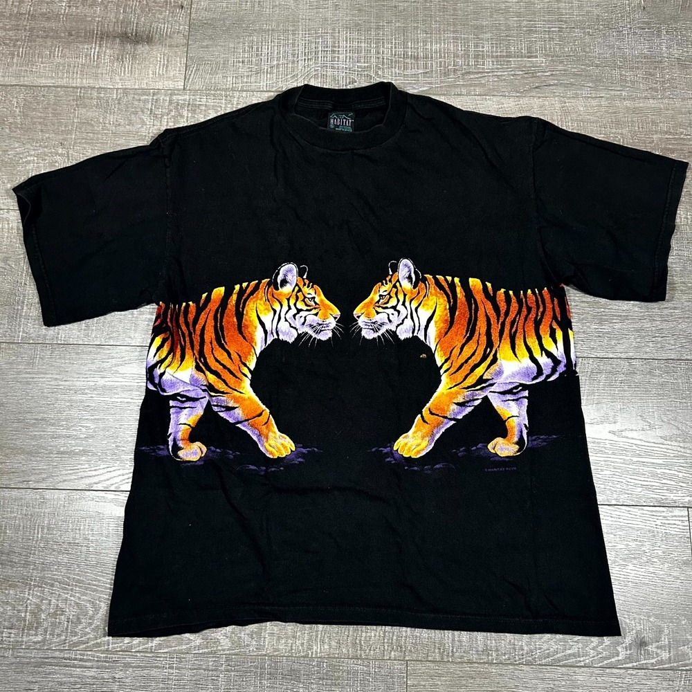 VTG Y2K Habitat T-Shirt Men XL Black‎ Twin Bengal Tiger Skateboarding Streetwear